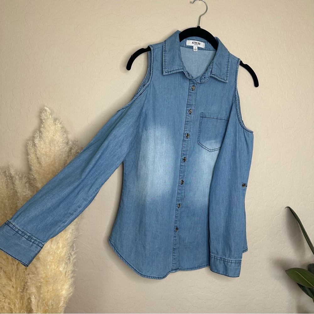 Denim Chambray Cold Shoulder Button Down Shirt, S… - image 2
